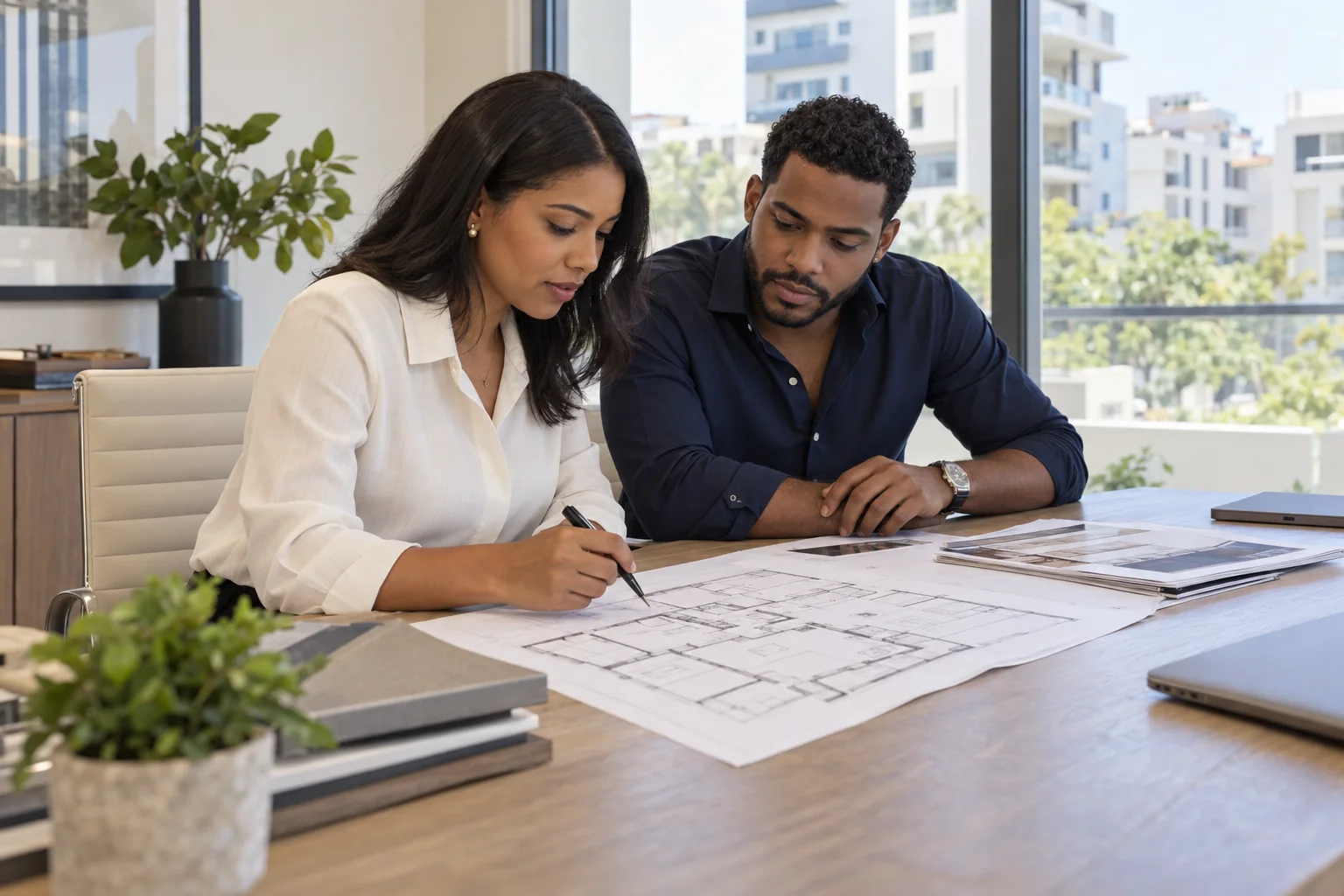 Escena de referencia: profesionales revisan documentación inmobiliaria en una oficina de Santo Domingo
